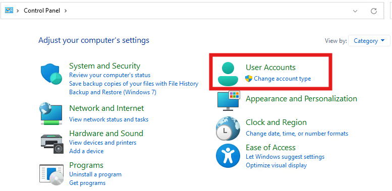 user accounts button under the accounts section.