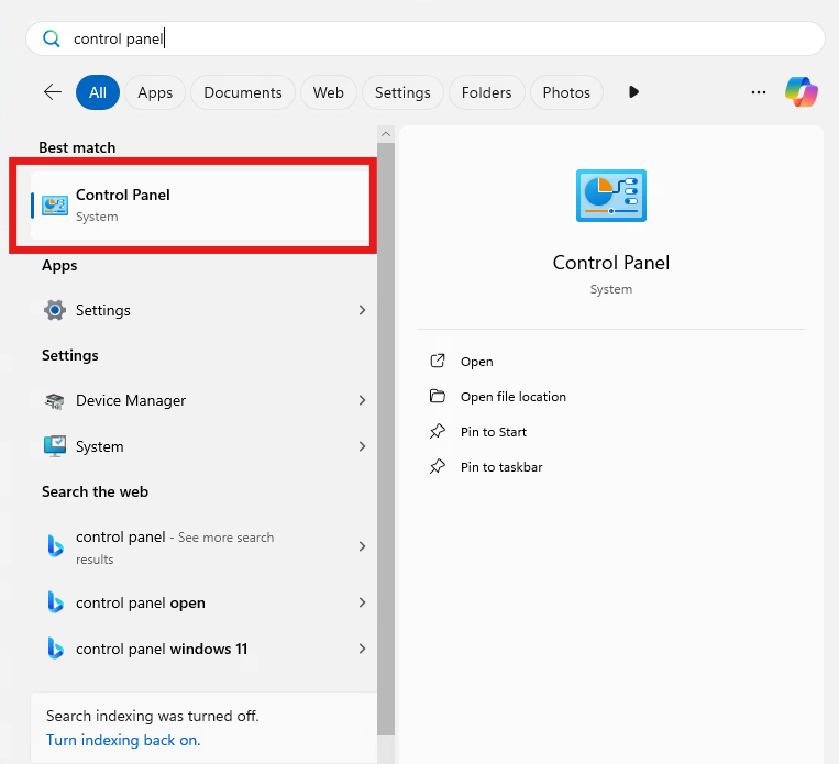 the control panel on the start menu.
