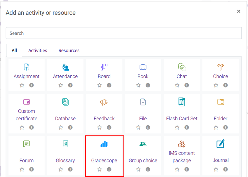 The LTI Gradescope tool selected in the activity chooser menu.