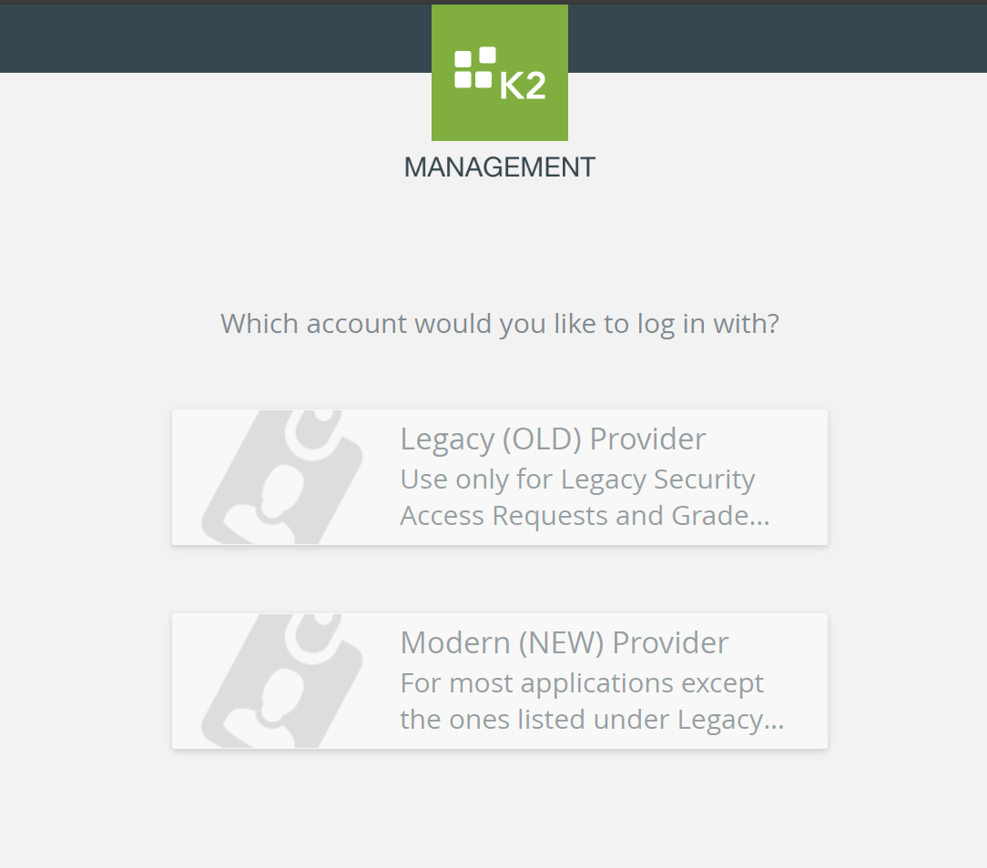 K2 login page demoing New and Old login provider