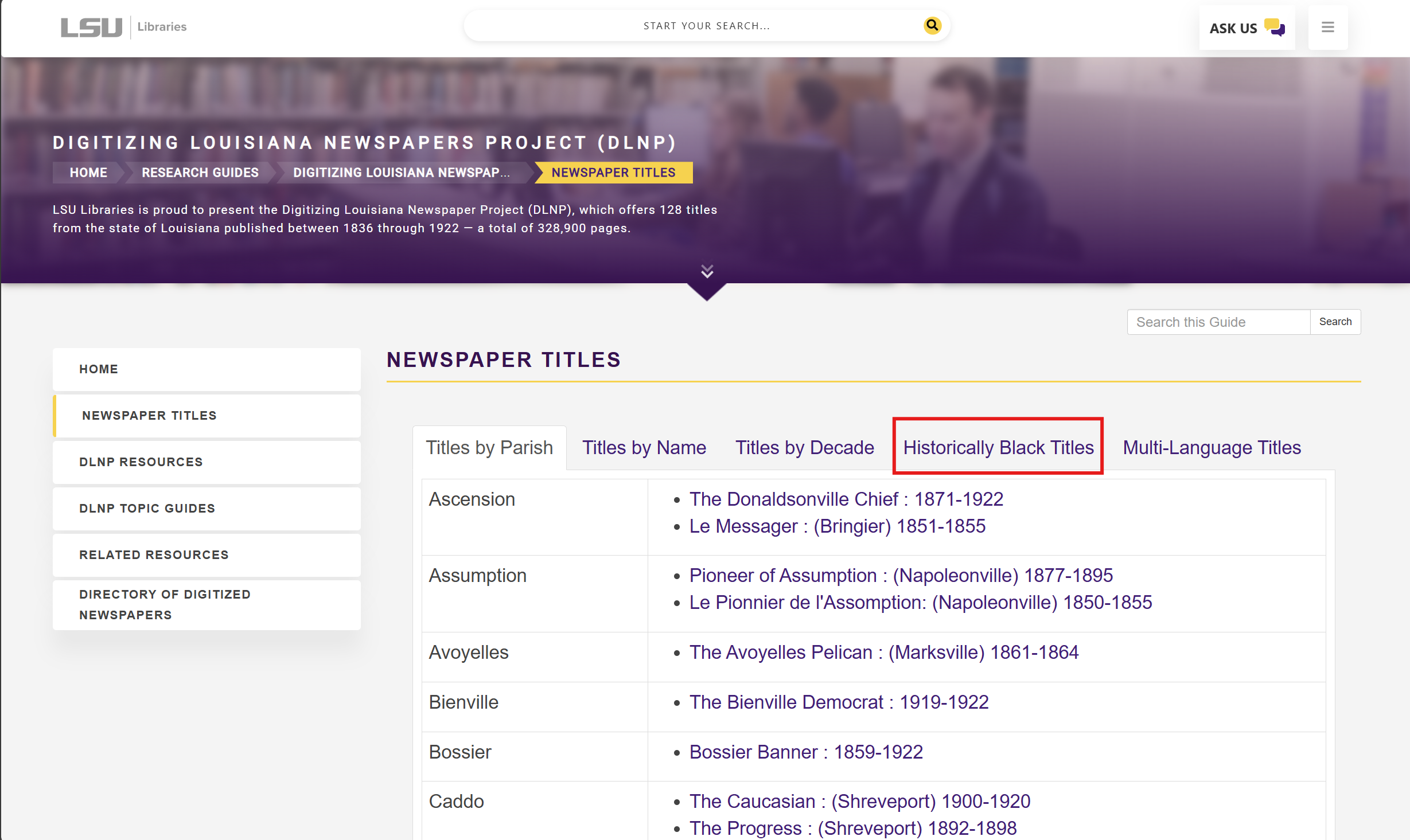 Historically black titles button under newspaper titles section