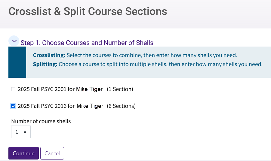 Crosslisting example with lecture course selected with 6 sections
