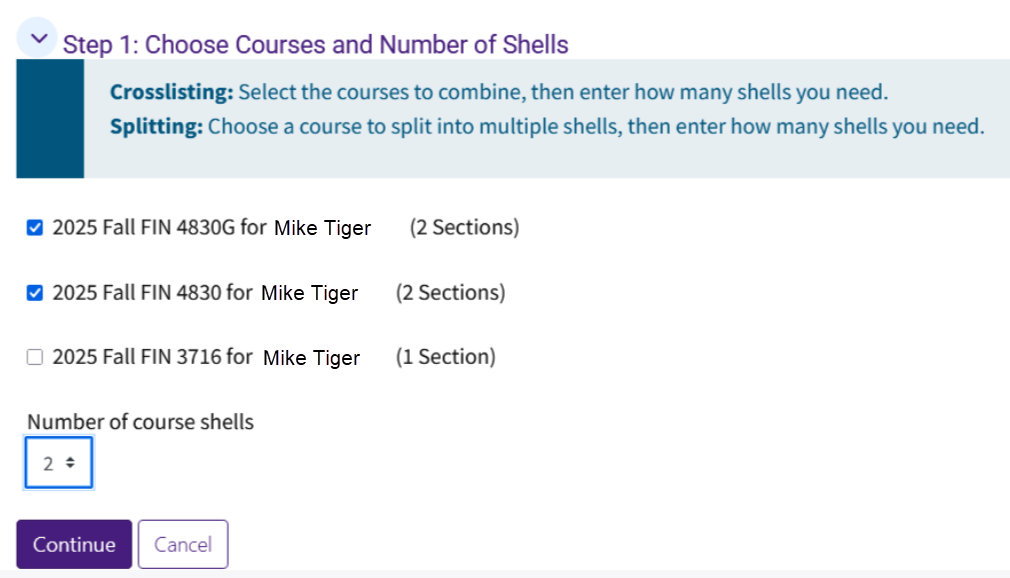 Crosslisting and Splitting selecting two courses and creating two courses