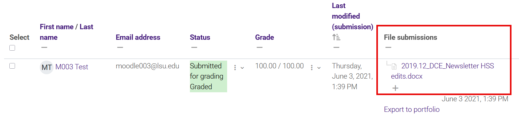 File submissions column and file link in assignment