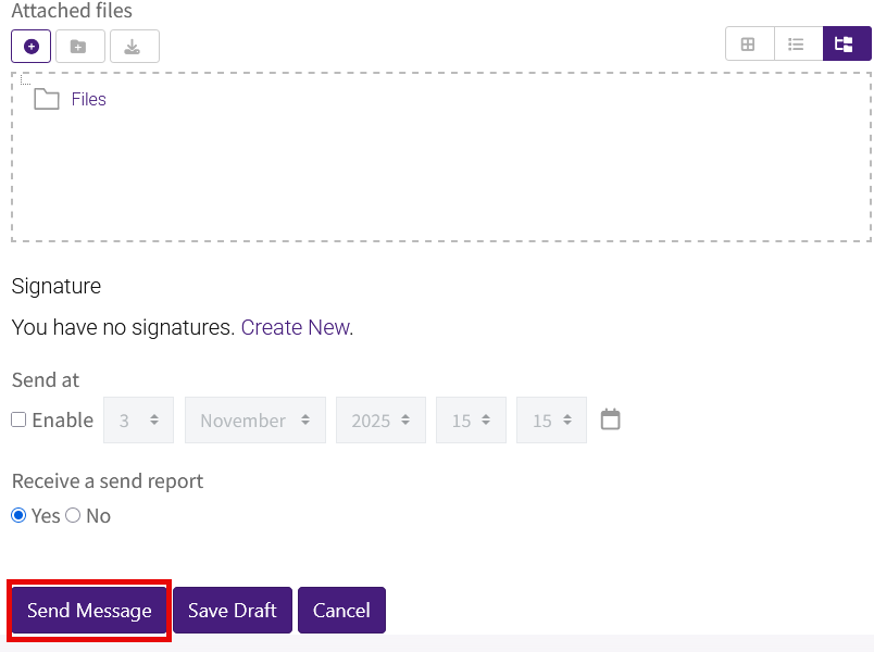 Moodle Mail attachment, send at, send report, signature, and save