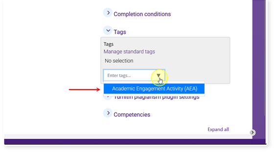 Tags settings with dropdown menu and AEA tag