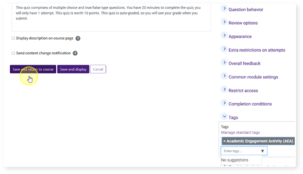 Save and return to course button.