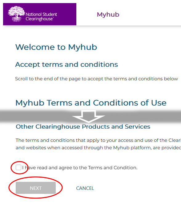 terms and conditions check box and next button highlighted