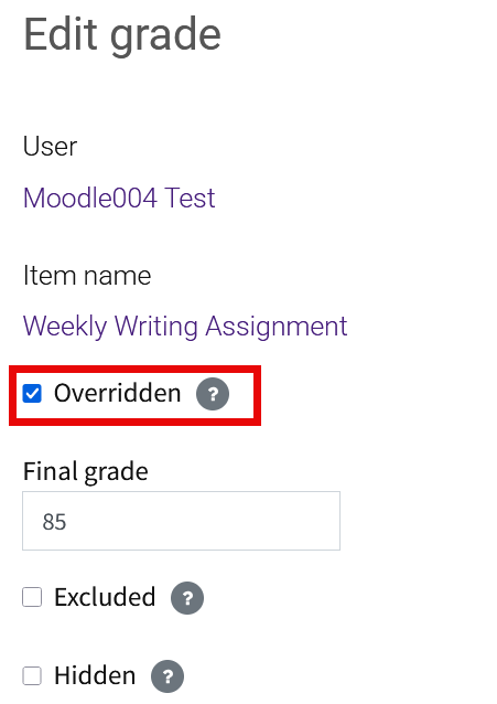 Overridden check box on grading screen in gradebook