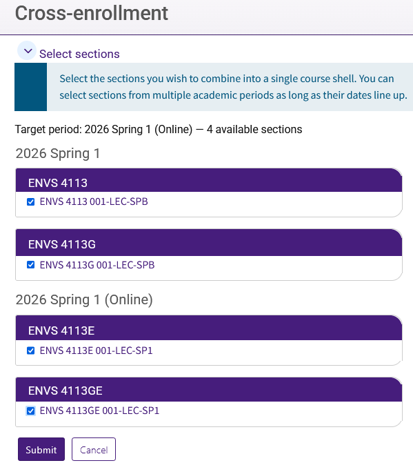 Cross-enrollment course section selection