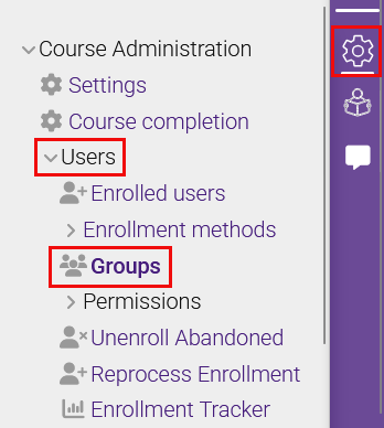 Course Administration menu with Users and Groups highlighted