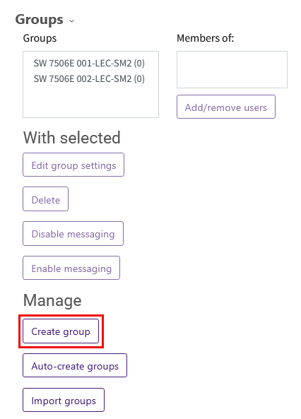 Groups dialog box with editing controls and Create group button selected
