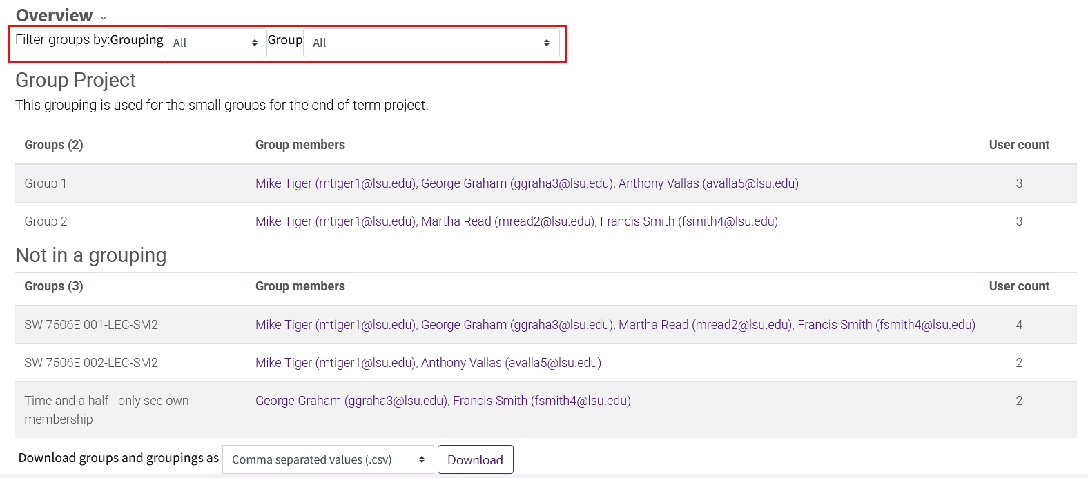 Groups and Groupings Overview page with filters highlighted