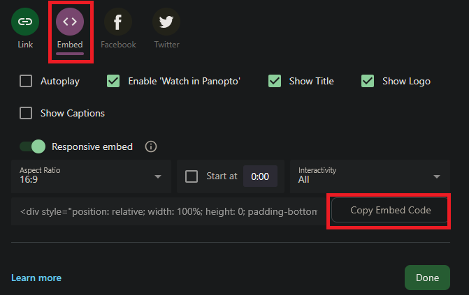 Embed code for Panopto video