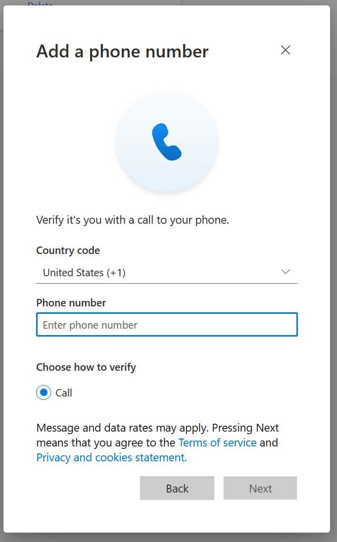 "Add a phone number" prompt in MFA setup with phone number entry fields