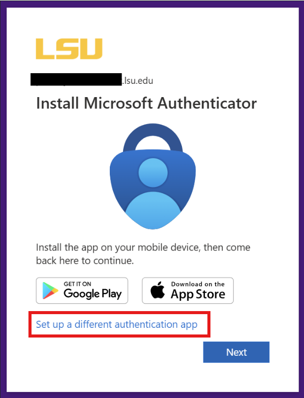 The install Microsoft authenticator prompt with "set up a different authentication app" highlighted